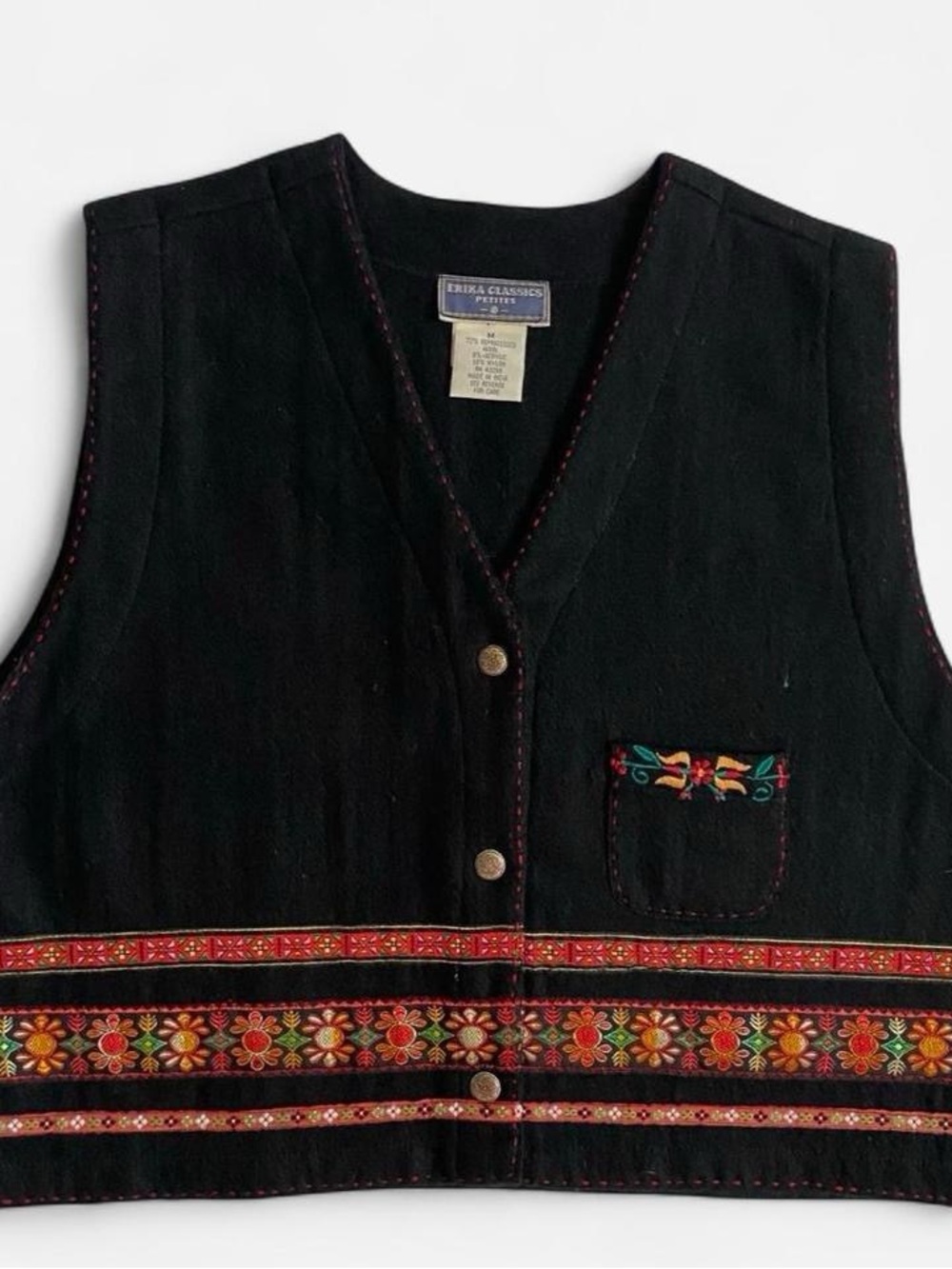 Vintage black wool blend floral patterned trim vest